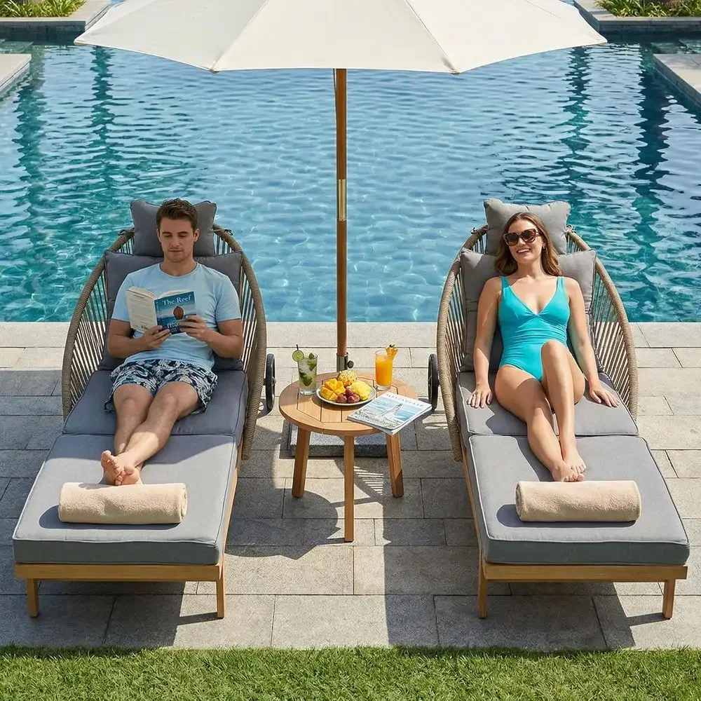 

Patio Chaise Lounge Chairs Set o 2, Oversized Lounge Chair Outdoor with Cushions, Pool Lounger Chairs with Wheels, All Weather W