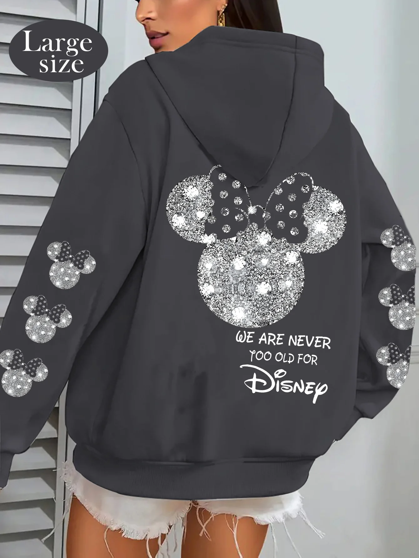 Dames Disney katoenfleece hoodie roze kleur grote rug Minnie Head glitter strik- en mouwpatronen losse pasvorm ​