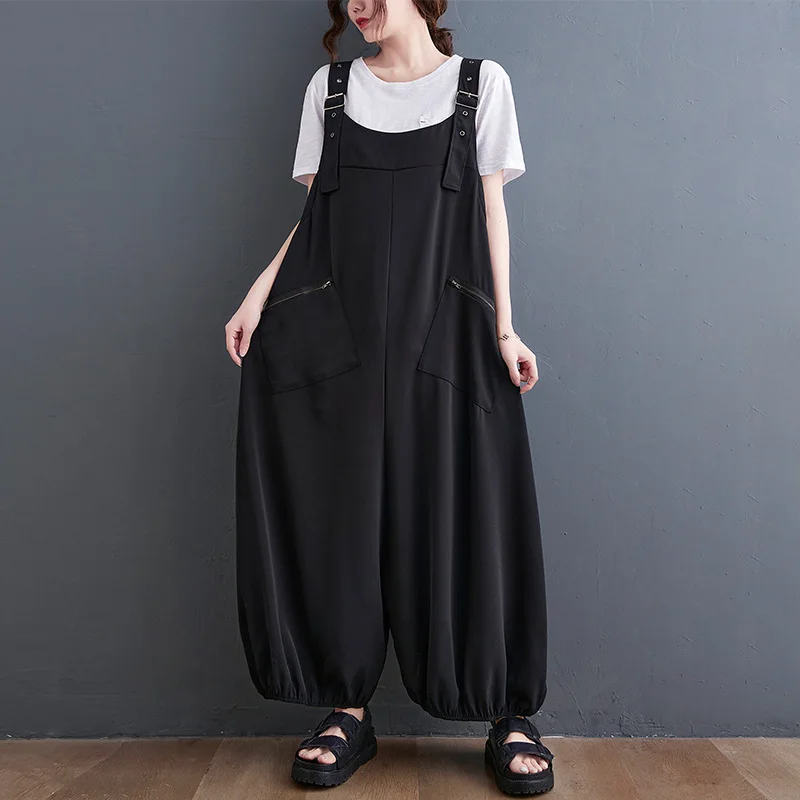 Plus Size Women's Loose Jumpsuit with Zipper Pocket Decorations Summer Overalls Wide Leg Pants Dungarees