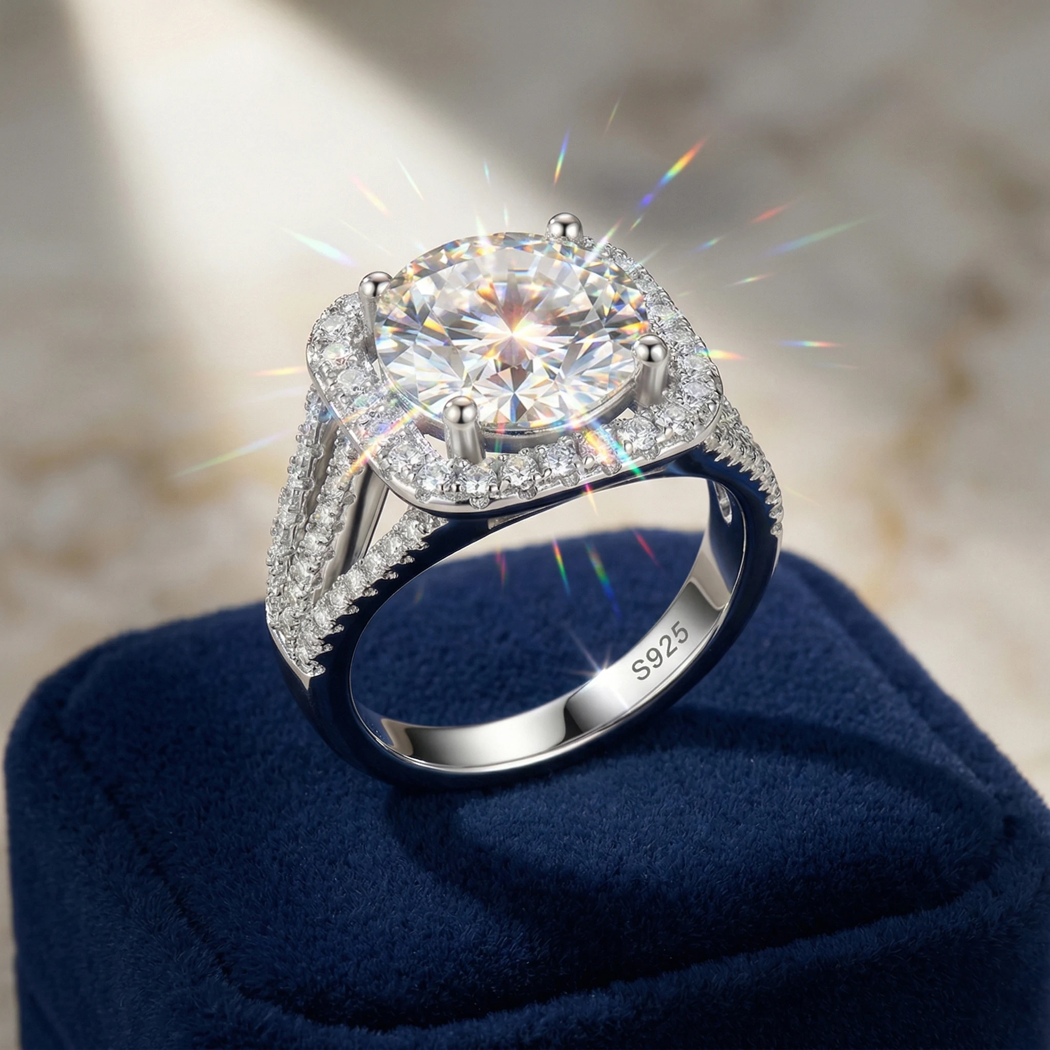 5 Carat Moissanite Ring, 925 Sterling Silver, D Color VVS1, Halo Pave Split Shank, Engagement, Pass Diamond Tester,Luxury Sparkling Anniversary Fine Jewelry Gifts for Wife Women Girls Friends