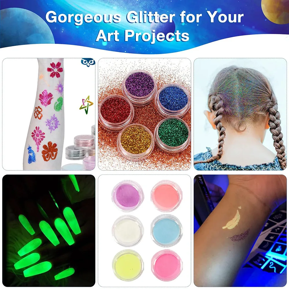 Tatuaje temporal con purpurina con plantillas, 30 colores brillantes, adultos, niños, artes corporales, Kit de maquillaj