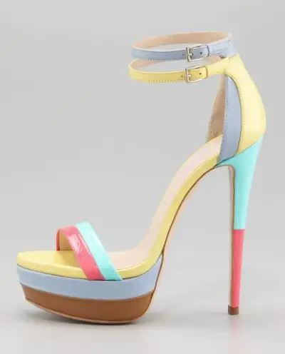 

Yellow Blue Pink Mixed Color Leather Open Toe Platform Cover Heel Summer Sandals Women Stiletto Heel Ankle Buckle Party Shoes