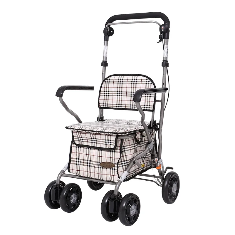 Single Rod Brake Walkers for The Elderly Trolley Walker Scooter,Elderly Grocery Shopping Cart,Folding Four-wheel Adult Walkers