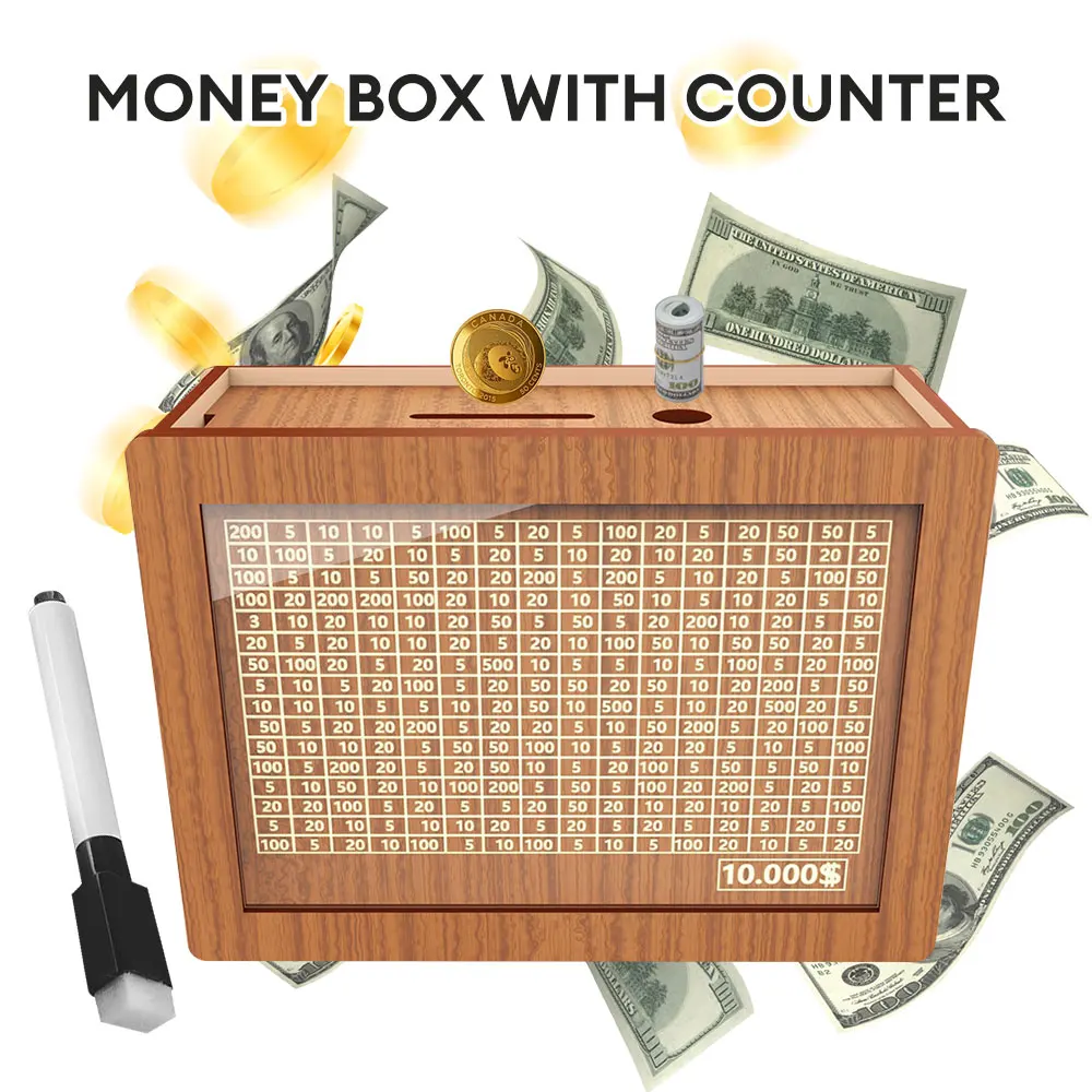 Caja de madera para ahorrar dinero, contador de dinero de 10.000 unidades con objetivos para ahorrar dinero, caja de almacenamiento para monedas en efectivo