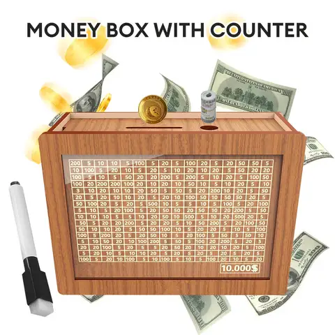 Wooden Money Saving Box 10,000 Units Money Counter with Saving Money Goals Cash Coin Storage Box