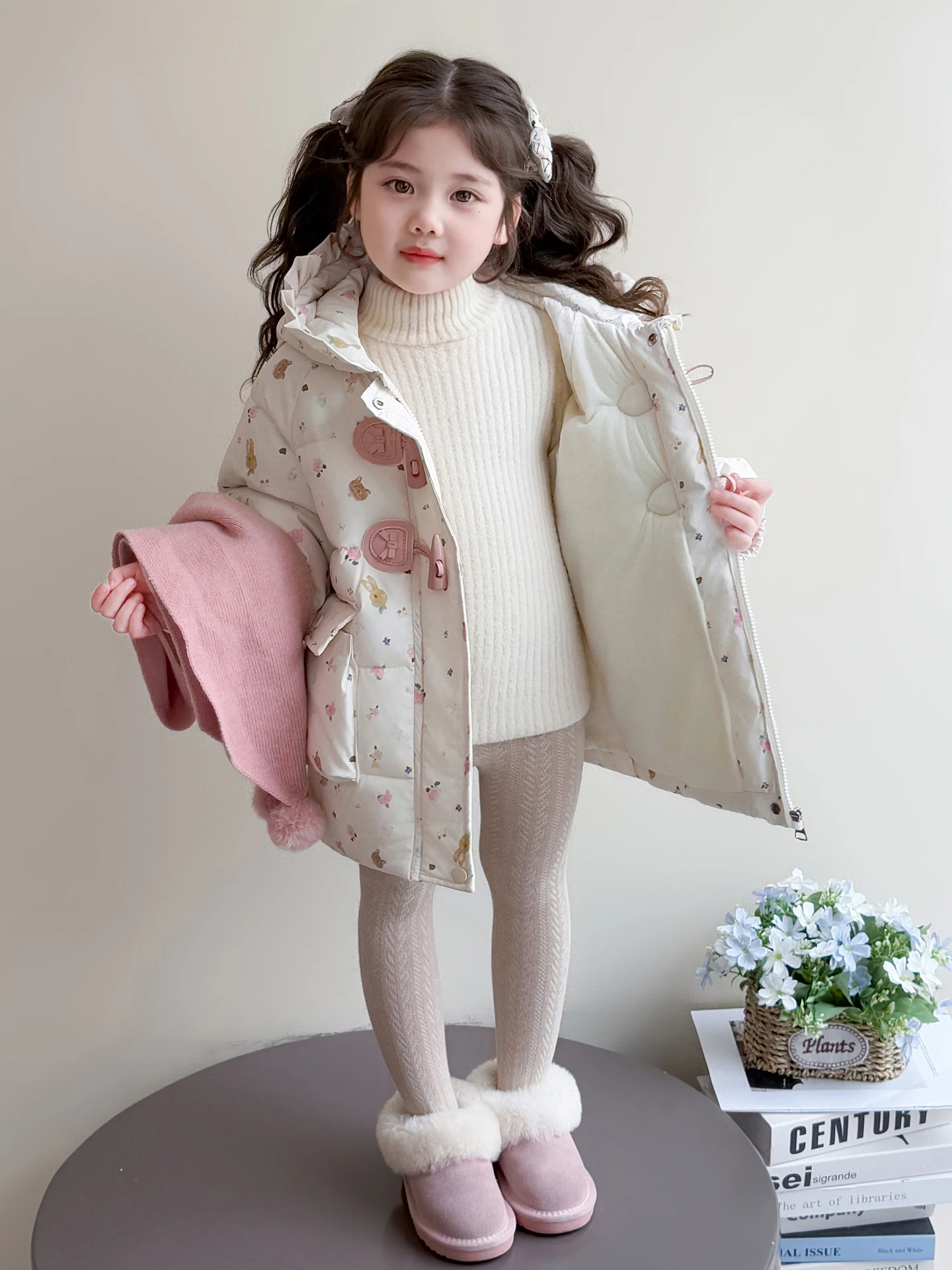 

Warm Thiened Medium-Length Cotton Jaet for Girls Cute Winter Faion Children's Outerwear Coat Sweet Sle Hooded Zipper