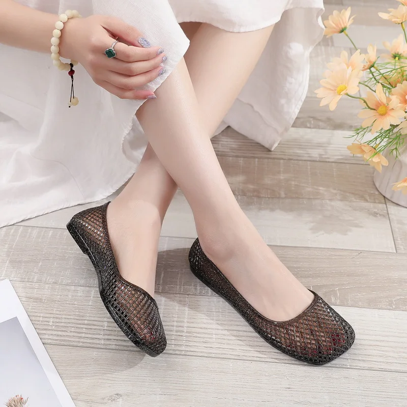 New Vintage Retro Sandals Women's Transparent Mesh Jelly Flats Square Toe Clear Lazy Shoes Summer Hollow Slip On Sandals Woman