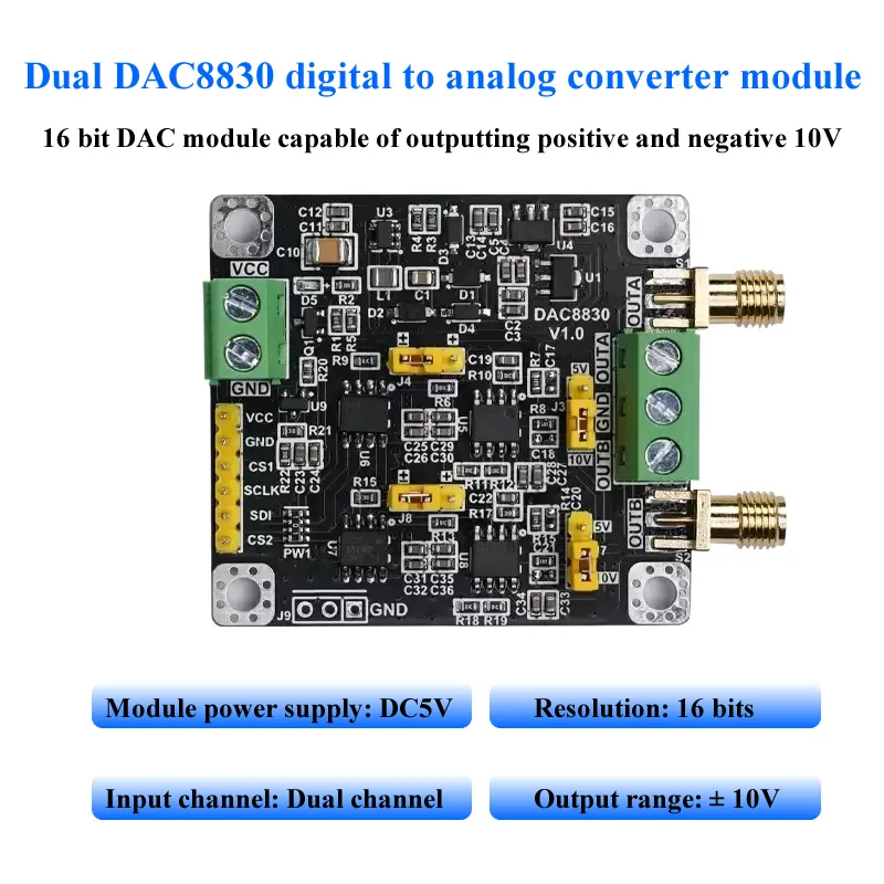 DAC8830 Dual Channel 16-bit Digital-to-Analog Converter Module 0-5V 0-10V ±10V Output SPI/I2C for Signal Generation