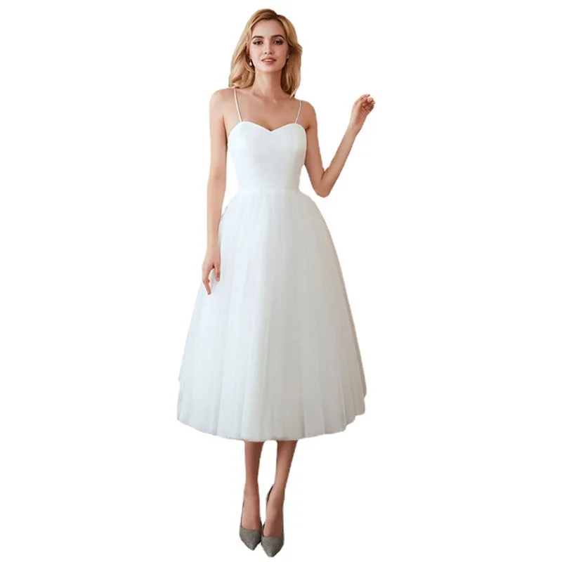 Vestidos de casamento curto comprimento chá, simples princesa vestido nupcial branco, Spaghetti Straps