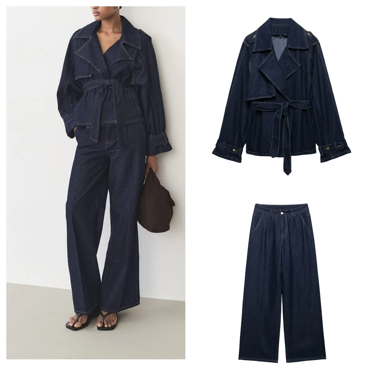 

European and American style popular casual suit with belt temperament versatile denim jacket and high waist wide leg trousers