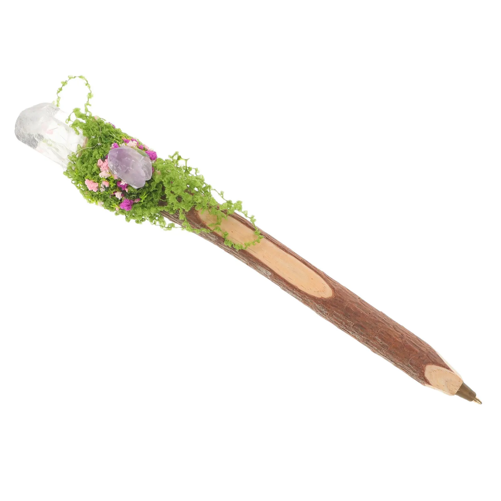 Wood Ballpoint Pen with Rustic Tree Bark Texture and Crystal Top, 0.7mm Medium Point, Smooth Black Ink