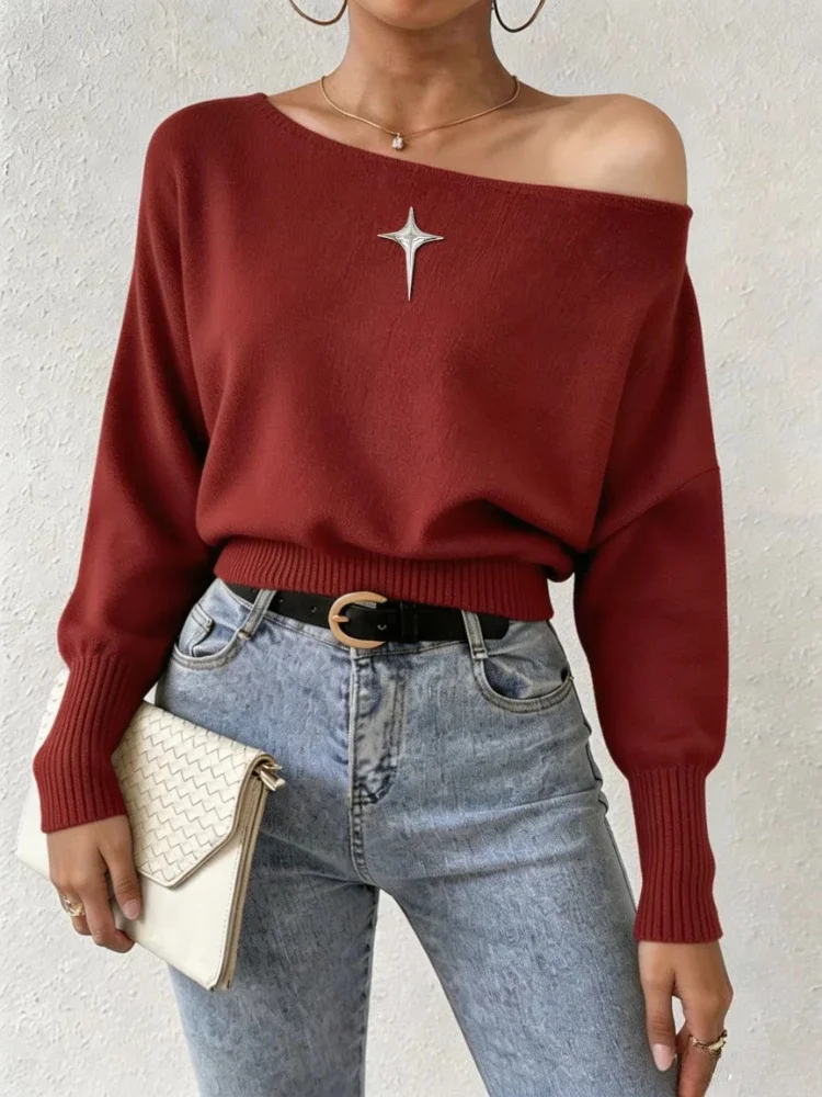 Women Soft Off Shoulder Dark Gray Knit Sweater Long Sleeve Silver Cross Star Ribbed Cuff Cropped Relaxed Trendy Autumn Winter
