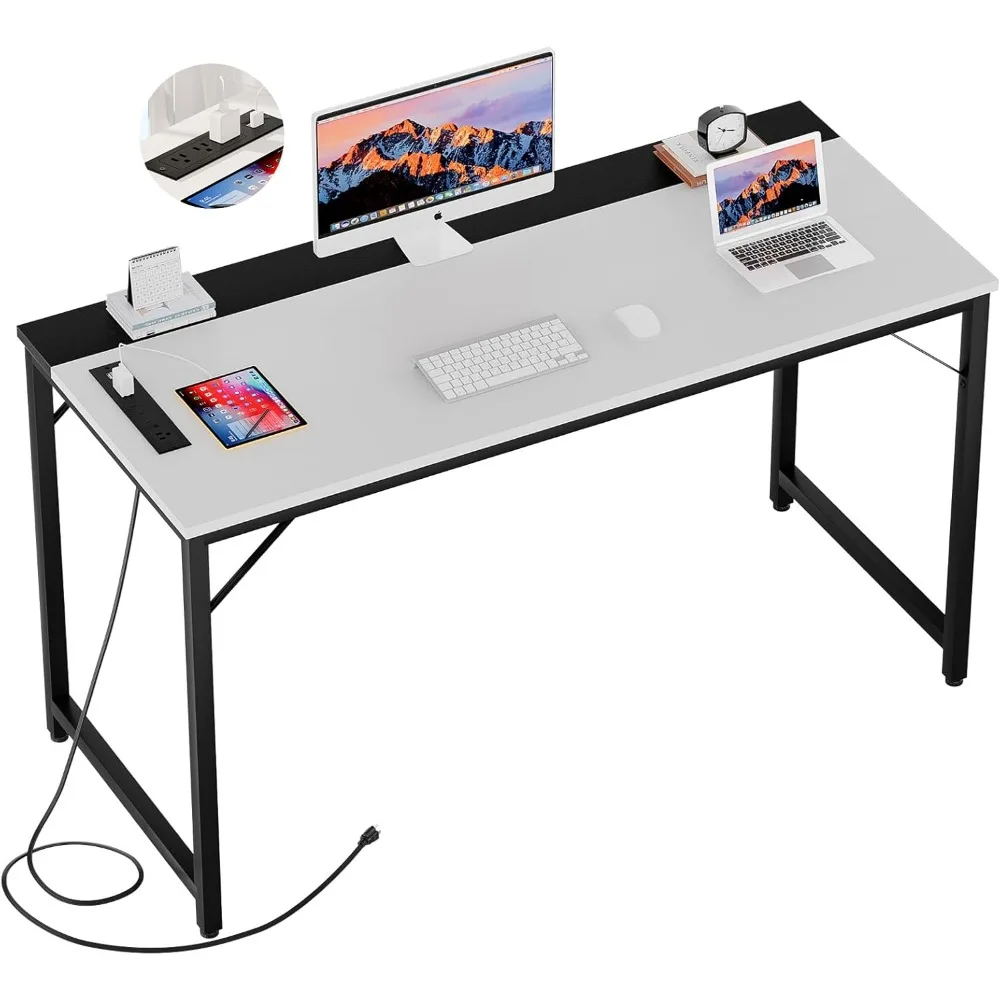 

55 Inch Computer Desks with Power Outlets and USB Charging Ports, Modern Office Desk for Small Spaces, Sturdy Laptop PC Gaming W