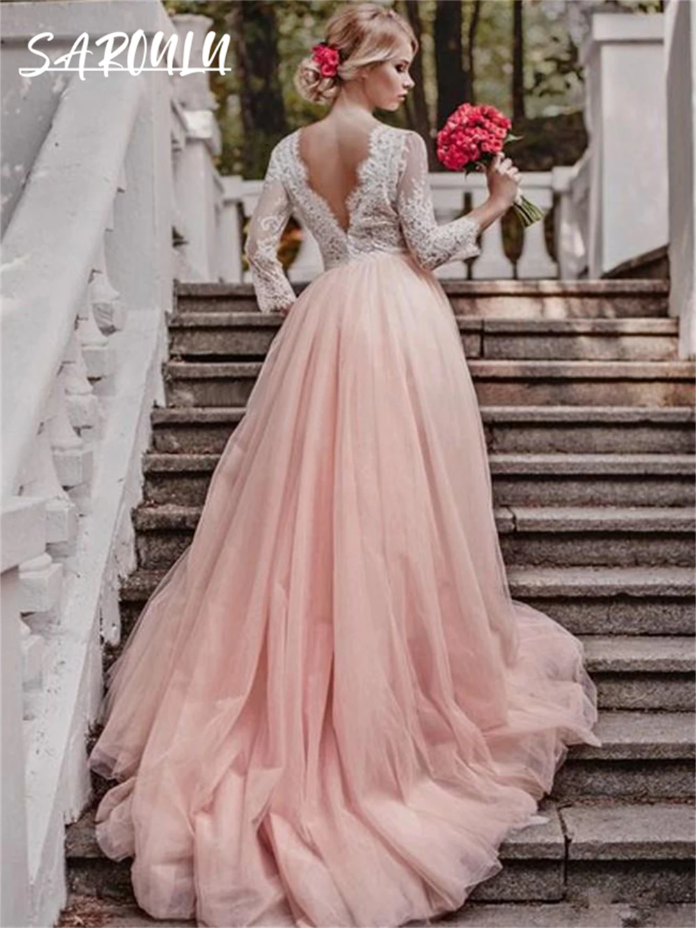 Pastro Pink Tulle Bride Dress V Neck Lace A Line Wedding Dresses For Women 2024 Custom Made High Quality Bridal Gown