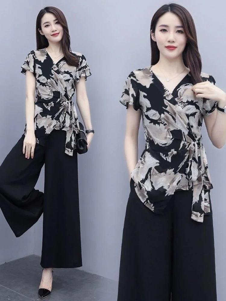 Wide Leg Trouser Suit for Women Summer Chic Elegant Print Blouse + Pants Two Piece Set Pantsuits Chiffon Clothing M-4XL J410