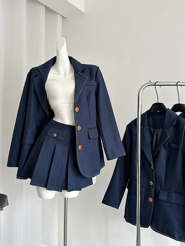 Two Piece Suit Vintage Long Sleeve Blazer Coats with A-Line Mini Skirts Vintage Y2k Skirts Sets Elegant 2000s Clothes 2025