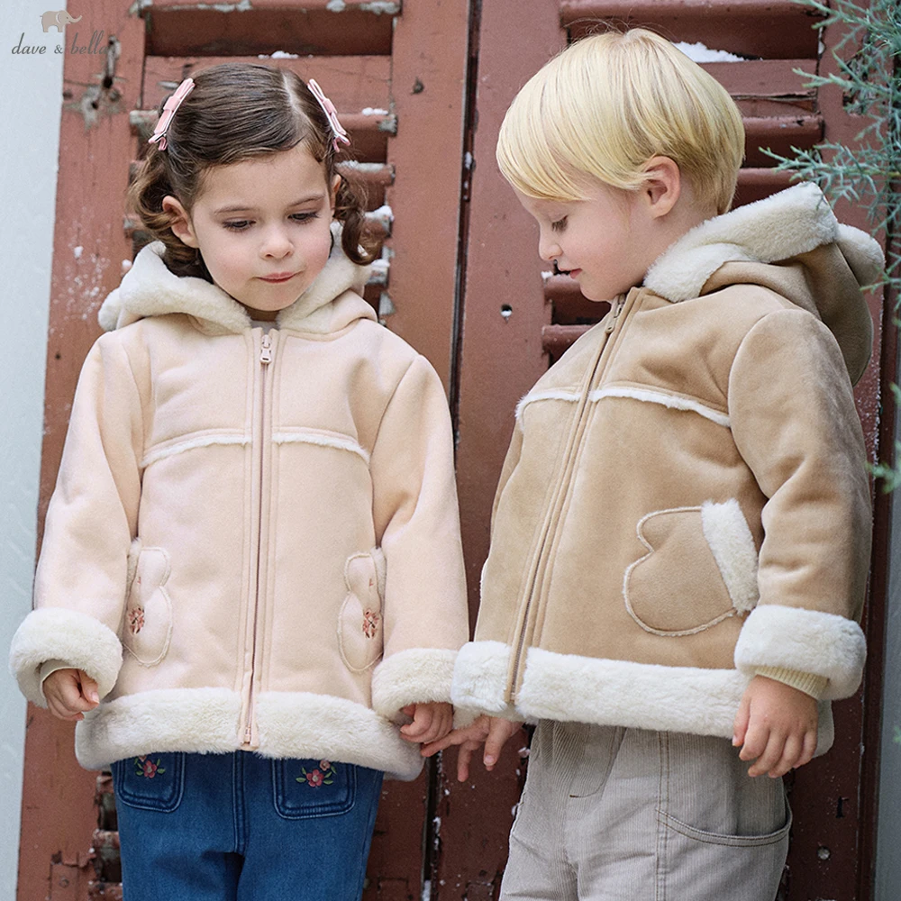 Dave Bella Boys Girls Fleece-lined Suede Jackets 1-7  Years Kids Winter Warm Hooded Coats Casual Outerwear Clothes DB4264203