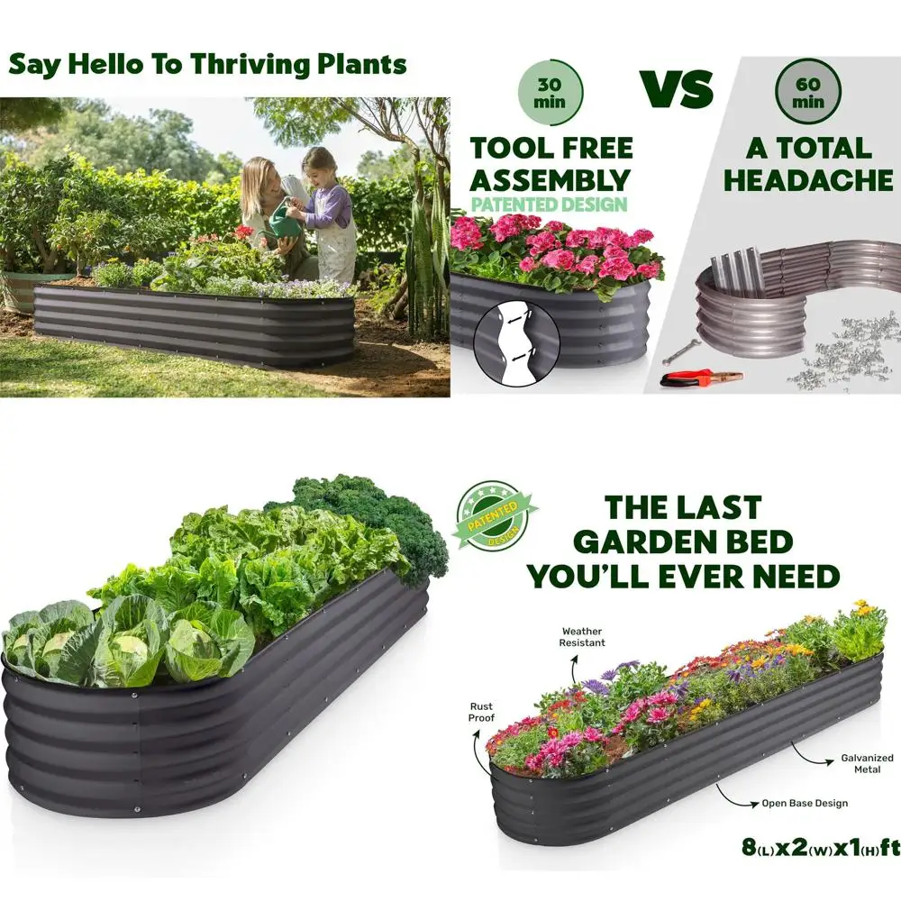 

8ft x 2ft x 1ft Galvanized Steel Raised Garden Bed for Outdoor Gardening, Vegetables, and Flowers - Tool-Free Assembly, Gray