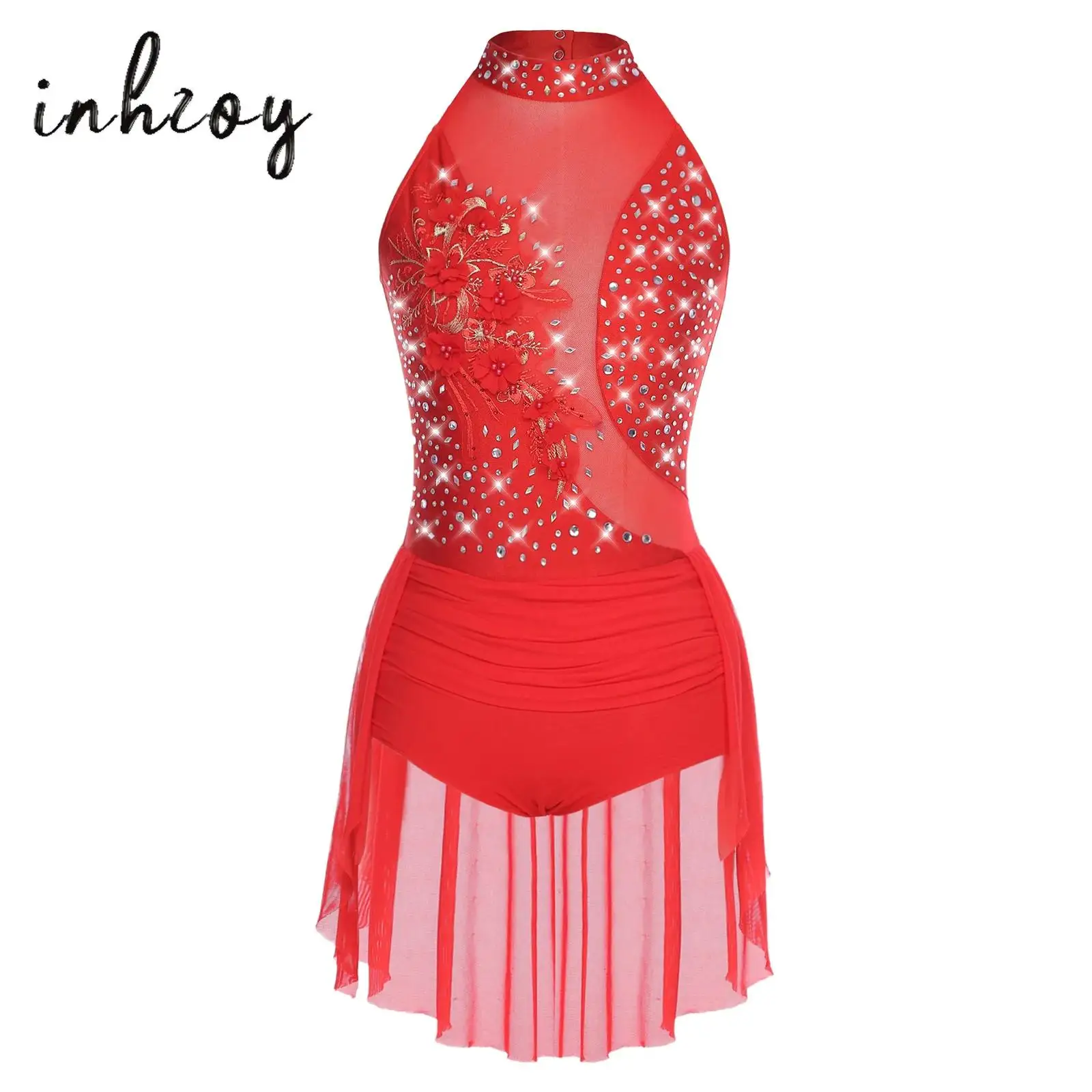 

Womens Glittery Rhinestone Latin Dance Bodysuit Sleeveless Back Hollow Out Irregular Skirted Leotard for Latin Chacha Gymnastics