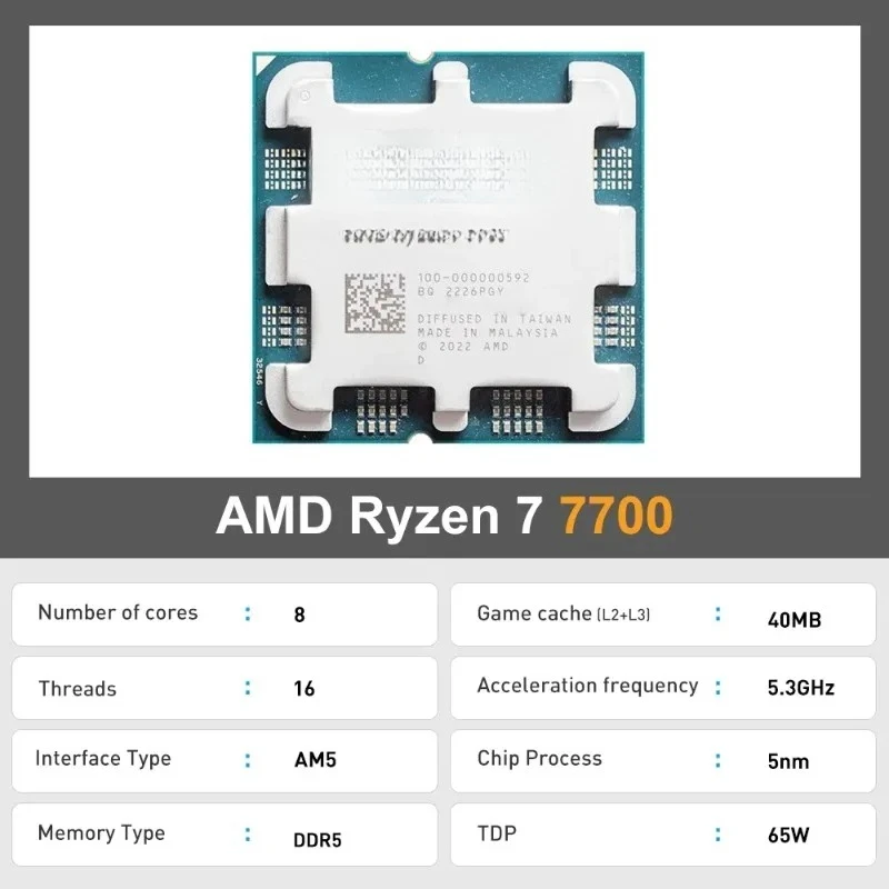 7 7700 Processor 5.3GHz 8-Core 16-Thread 40MB Ga-me Cache 5NM TDP 65W Soc-ket AM5 Gaming CPU Integrated Graphics