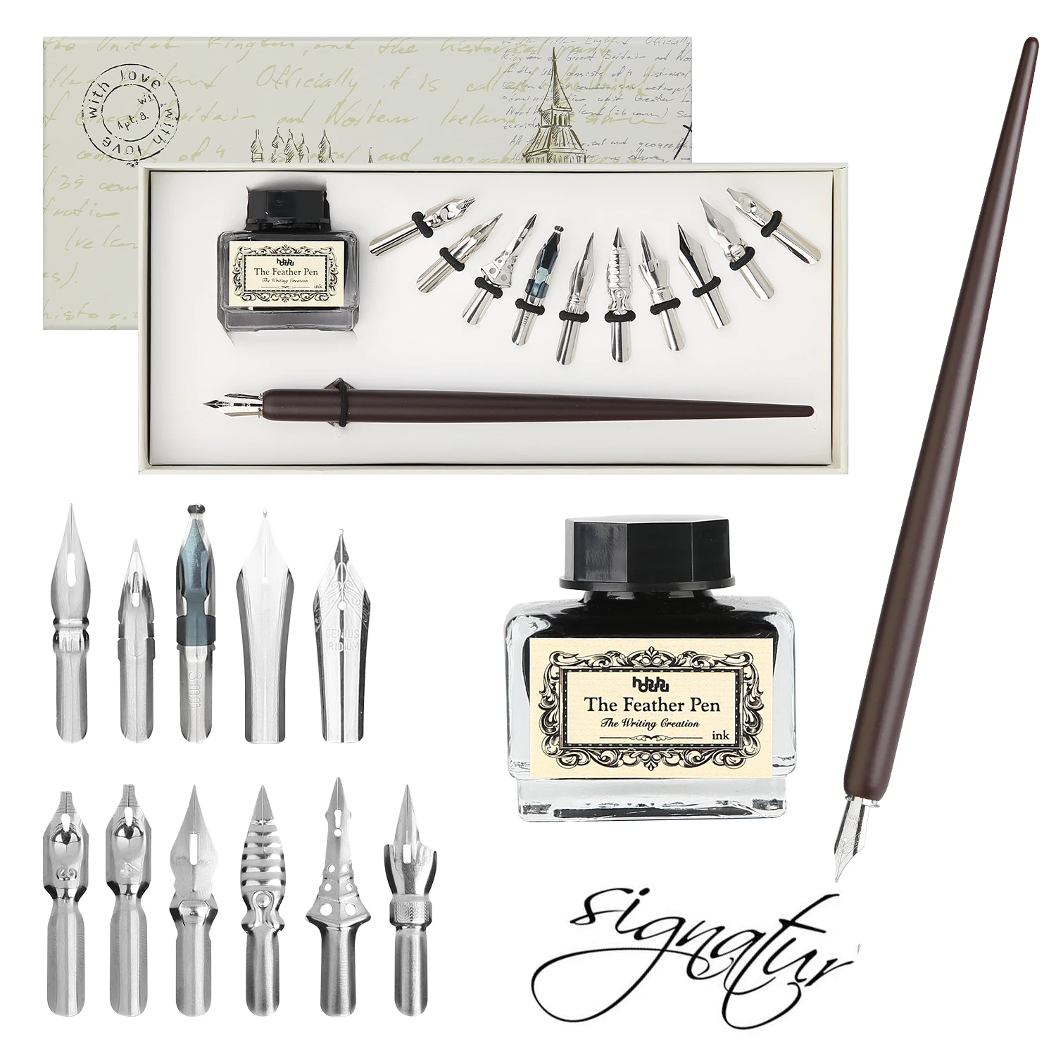 Calligraphy Set for Beginners Wooden Pen and Ink Set Fancy Pens with Black Ink and 11 Nibs for Lettering, Journaling, Signing