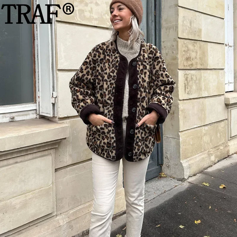 TRAF 2024 Fleece Oversize Jacket Woman Leopard Plush Jacket Women Streetwear Long Sleeve Autumn Winter Teddy New In Jackets