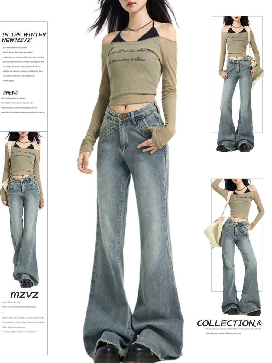 

Fleece Lined Thickened Retro Frayed Micro Flared Denim Jeans Women's High Waist plus Size Slimming Floor Length Pants