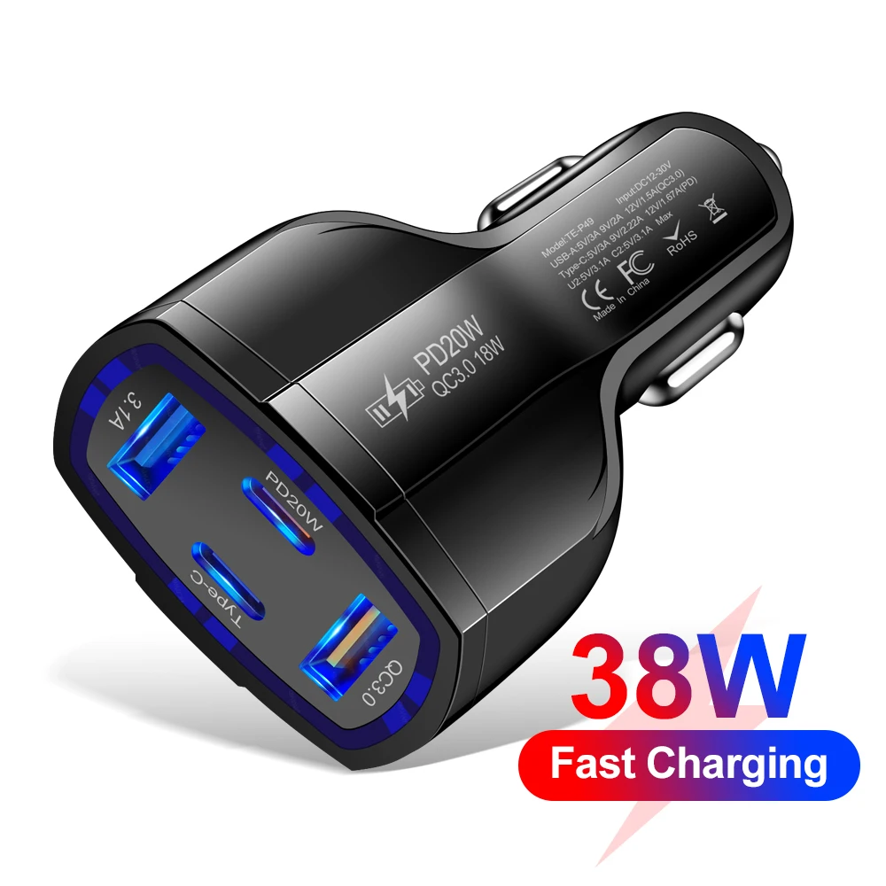 38W PD +Type-c Car Charger QC3.0 USB 3.1A Fast Charge Car Charger Fast Charging One for Four Multi-Port Car Charger Universal