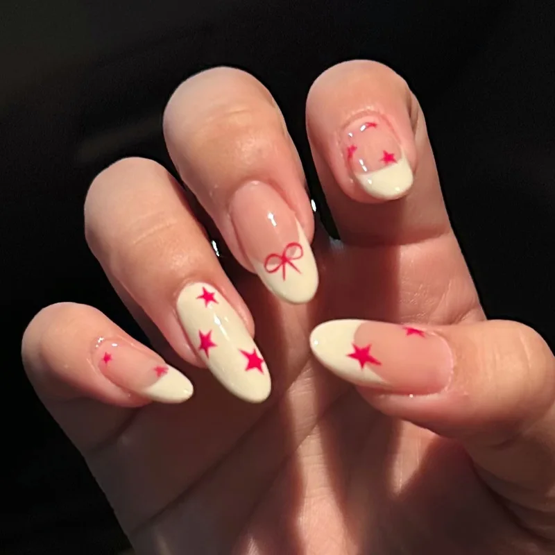

24PCS Pink Star Bowknot Patterns Oval Press on Nails Sweet Cream White French False Nails for Girls Women Wearable Ins Fake Nail