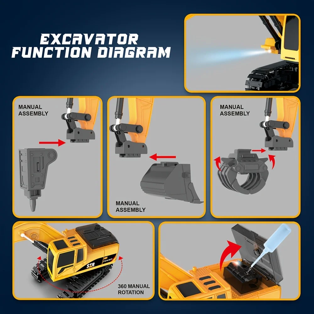 3‑in‑1 RC Excavator 6CH 1:22 Remote Digger,3 Attachments,360° Manual Cabin,Mist Spray Front Light,Gift for Boys