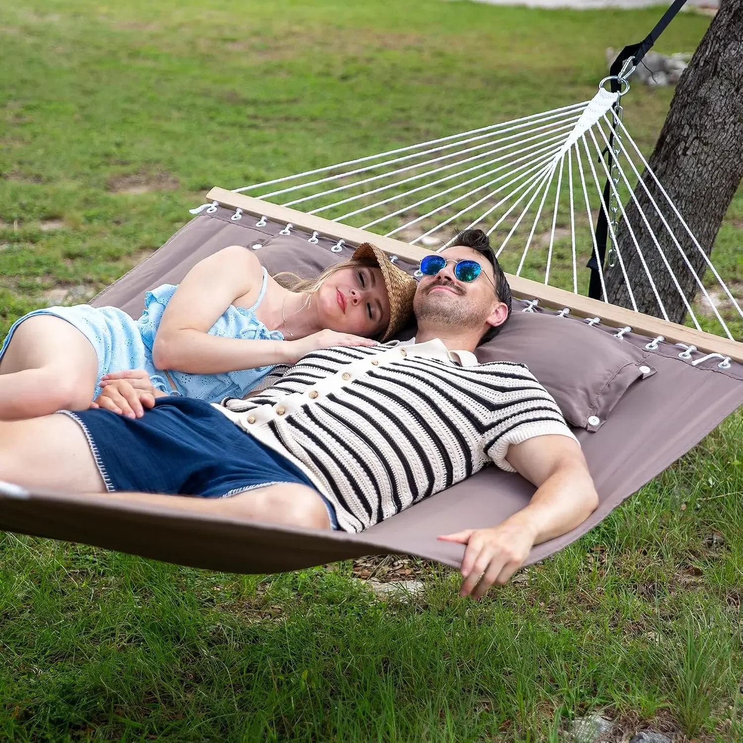 Double Quilted Heavy Duty 2 Person Hammock, Brown | Hardwood Spreader Bar, Extra Large Soft Pillow, Indoor, Outdoor