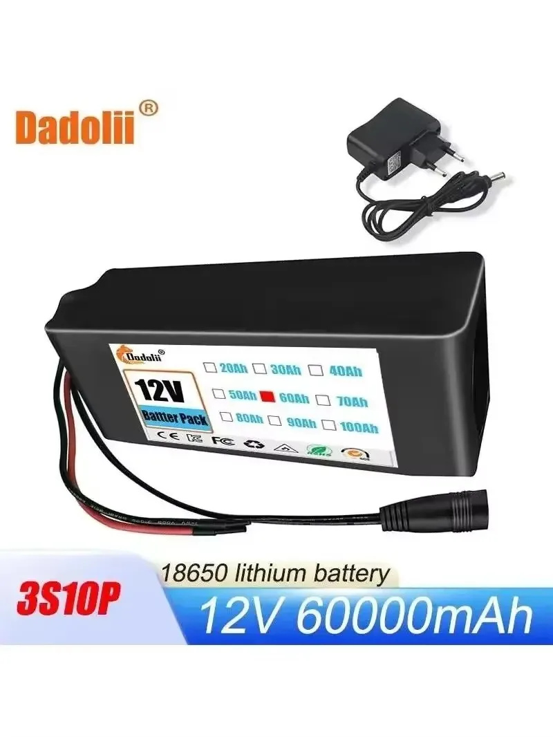 

Long Lasting 12V 60000mAh 3S10P Rechargeable Battery Pack 18650 Li-ion Battery for DC Devices