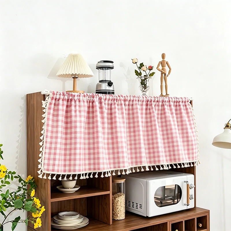 1PC Rural Fresh Grid Tassel Half Curtain Cabinet Curtain Washable Living Room Dining Room Study Coffee Shop Balcony Suitable