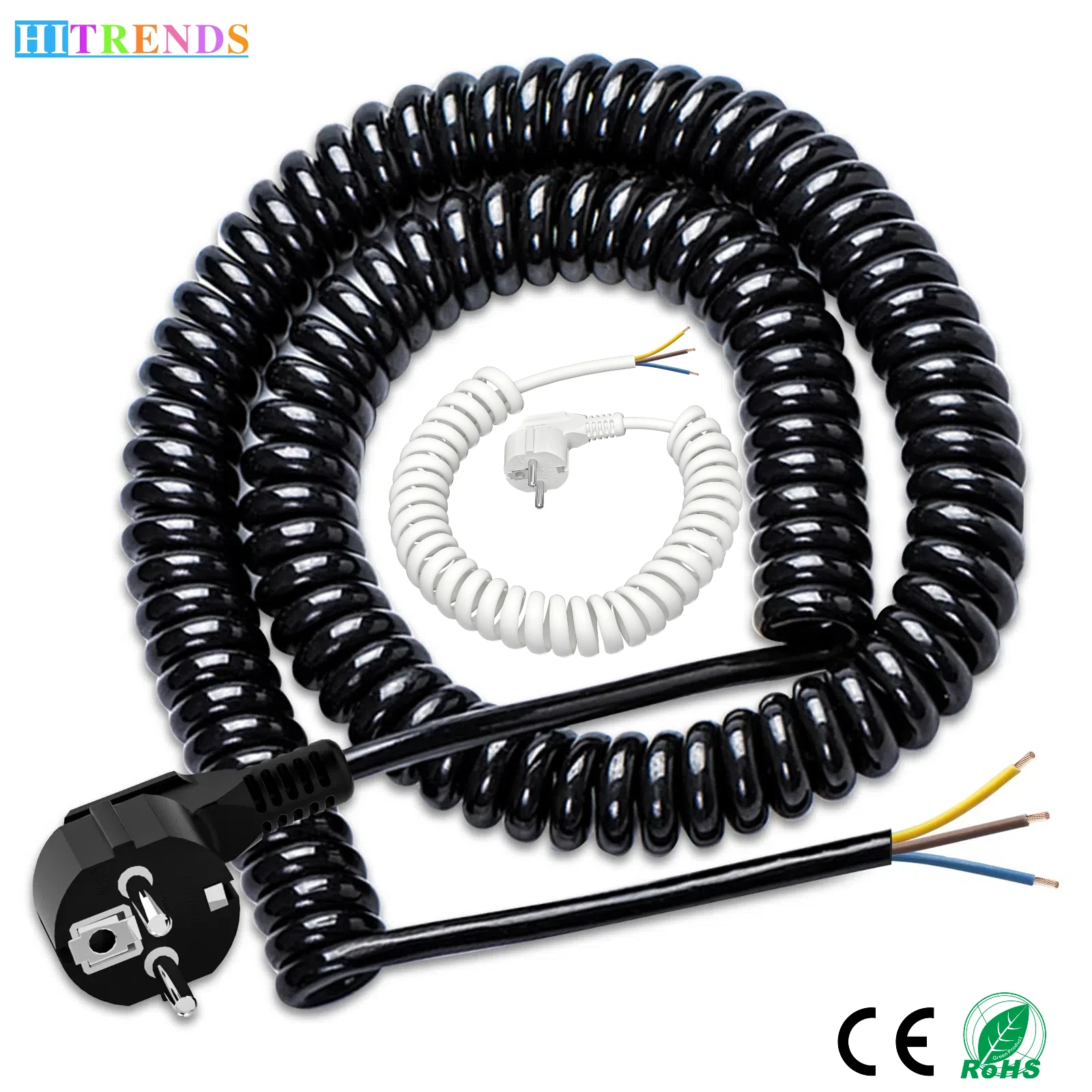 2/3/5/7/10/15/20m EU Plug Replaceable Spring Extension Cable Ground Contact Male Plug End 6cm Extension Cable Black White