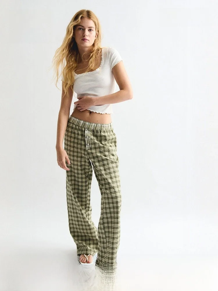 H&M Summer Women's Sleepwear Cotton Blend Comfortable Elastic Waist Pants Soft Breathable Home Clothes mid Waist Design