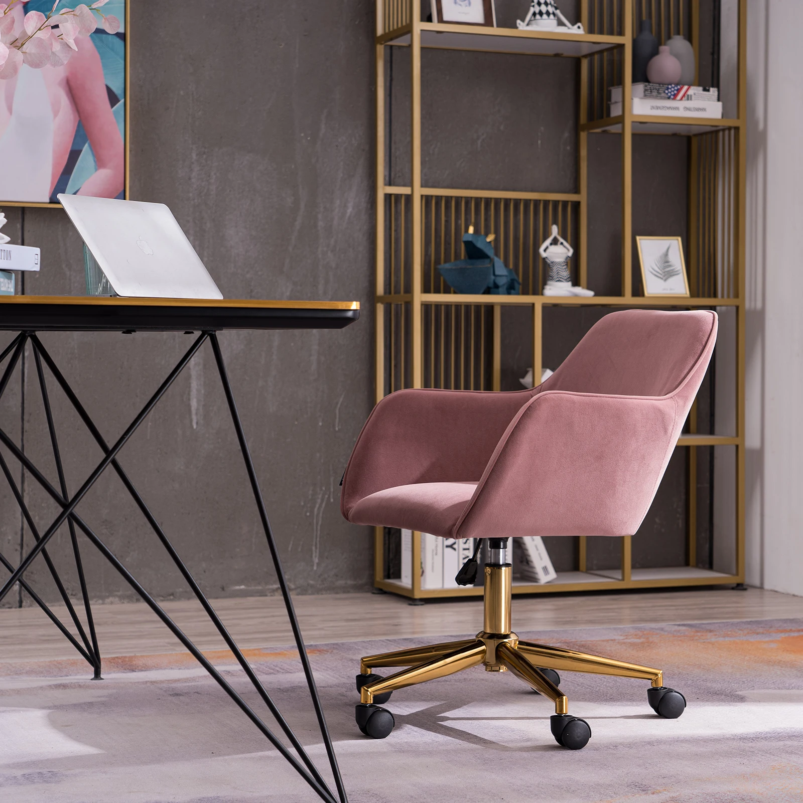 VSOGA New Velvet Fabric Adjustable Swivel Chair Home Office Chair with Golden Legs Pink