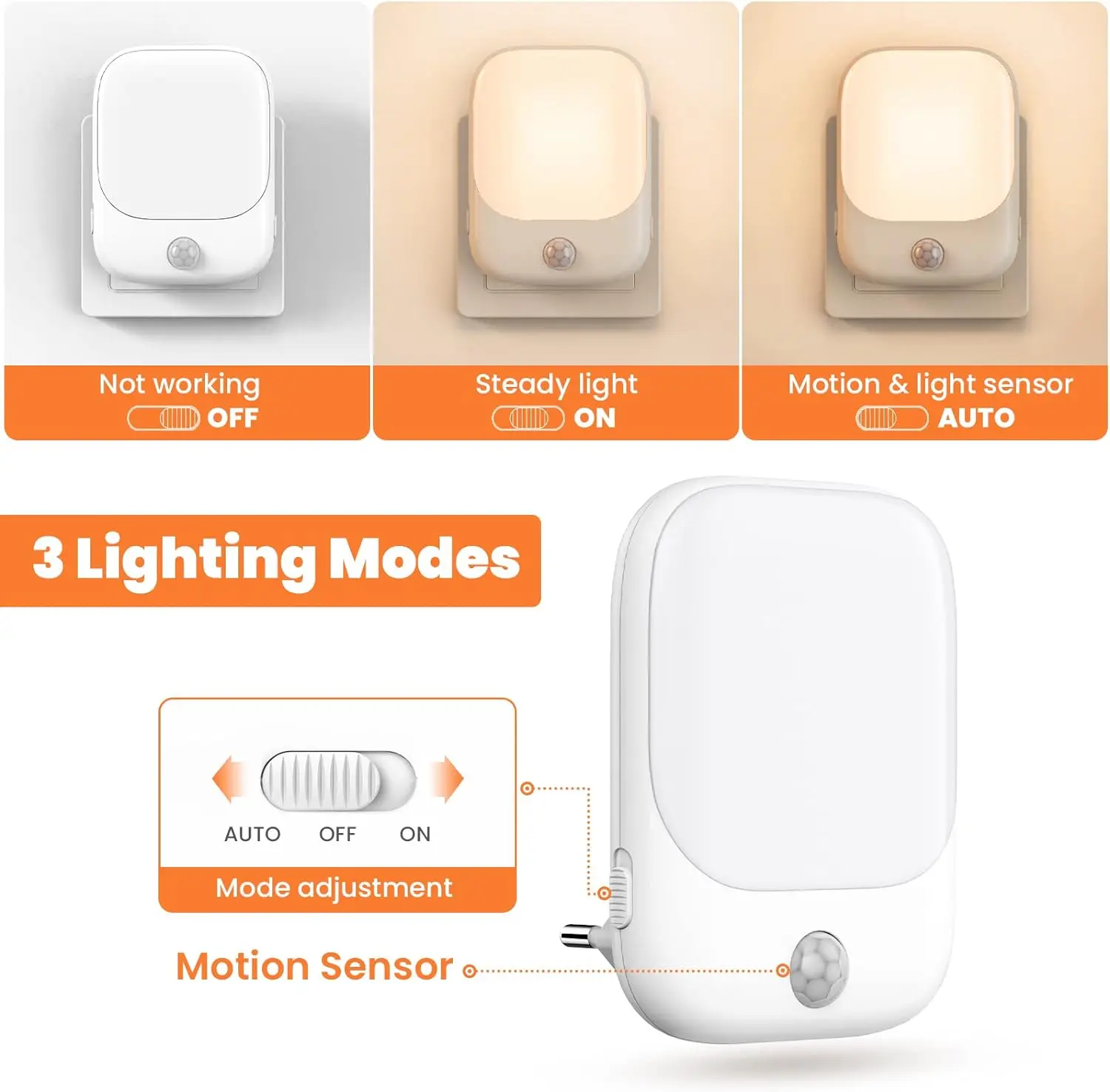 Smart LED Night Light with Sensor, Adjustable Brightness, Suitable for Bedroom, Bathroom, Corridor, Staircase, Kitchen - Plug-in