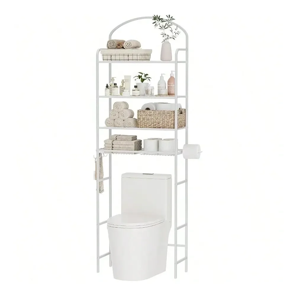Organizador de Baño para Sobre el Inodoro, Ahorro de Espacio, Estante de Almacenamiento Sobre el Inodoro con 4 Ganchos y Portarrollos, Estante Metálico, Blanco