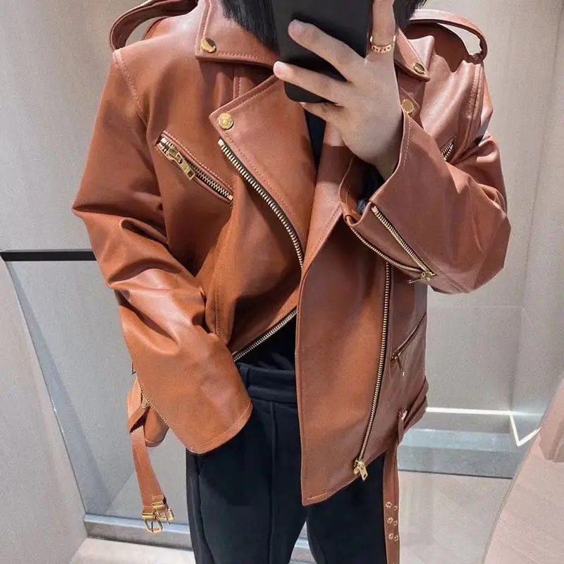 Autumn Winter Leather Coat Motorcycle Style Button Design Sheepskin Jacket  Ladies Oversize Women's Genuine Leather Oversize