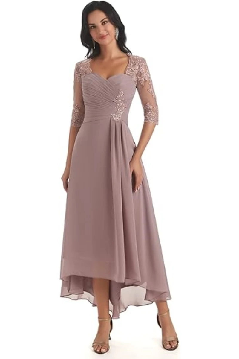 

Lace Appliques Mother of The Bride Dresses for Women Tea Length Chiffon Formal Evening Party Gown