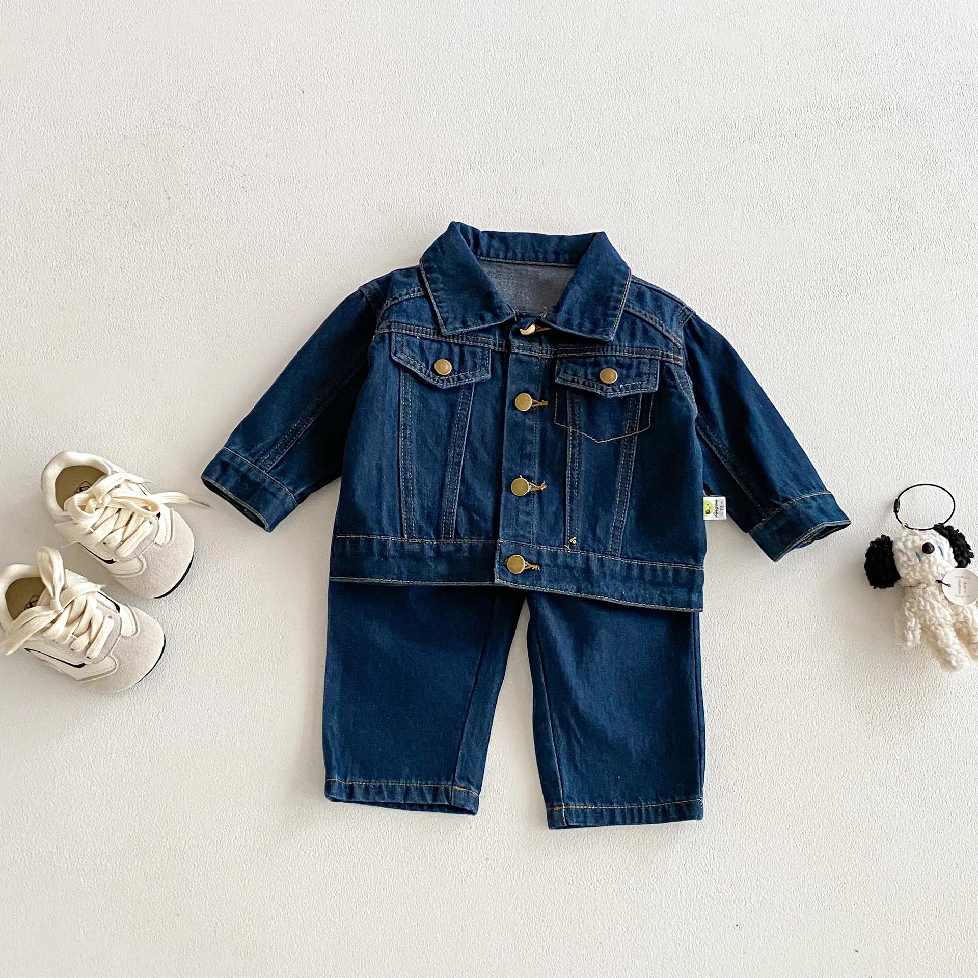 Exquisite Retro Boys' and Girls' Set Spring New Product Long Sleeve Soft Cowboy Girl Baby Stylish Top Pants Two Piece Set