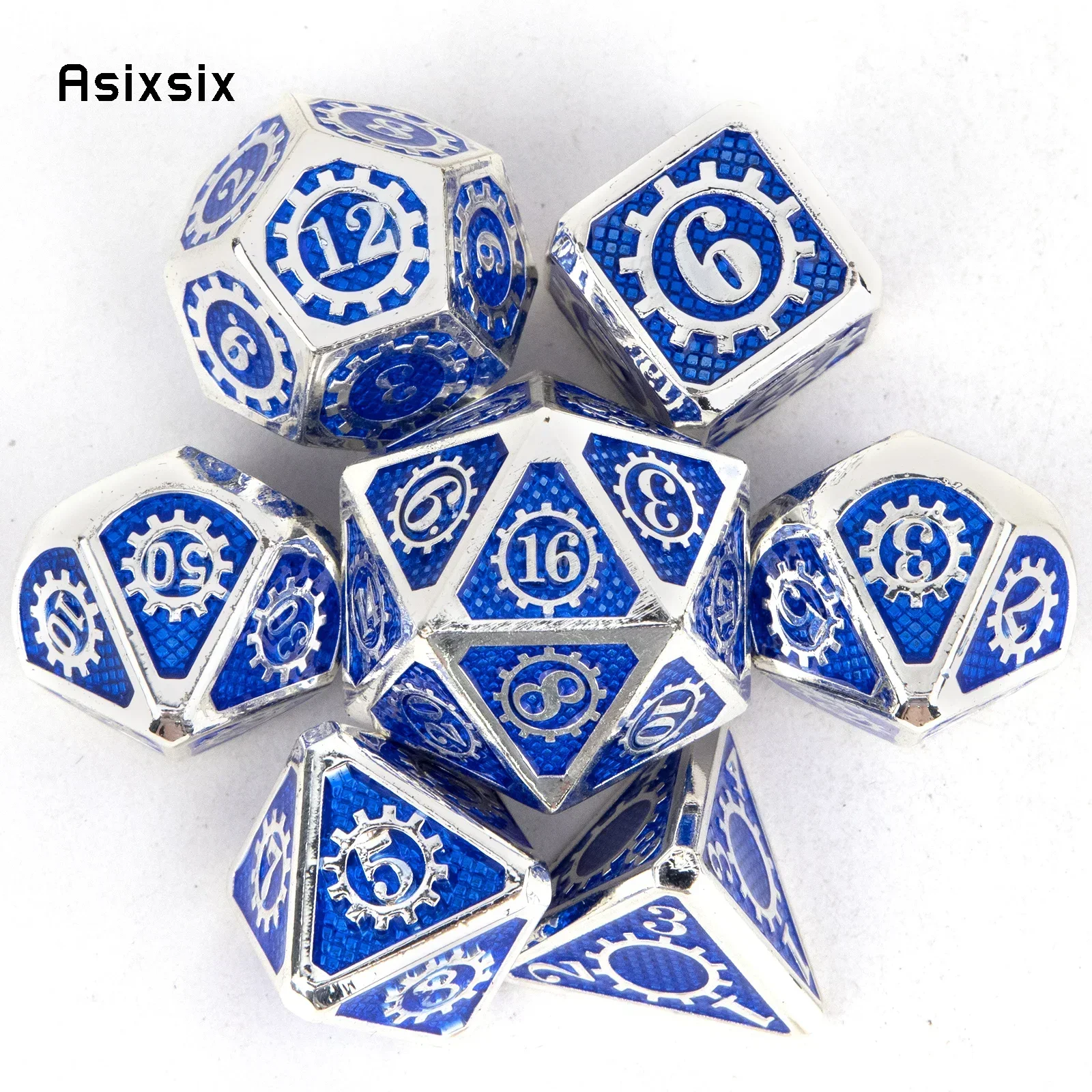 

7 Pcs Blue White Gear Wheel Metal Dice Perfect For Card Games Board Games For Critical Role, Rpgs, D&D
