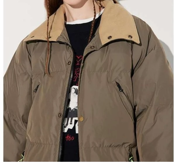 Khaki-colored Simple and Niche Design Collarless Short Coat for Women, Made of Cotton Fabric