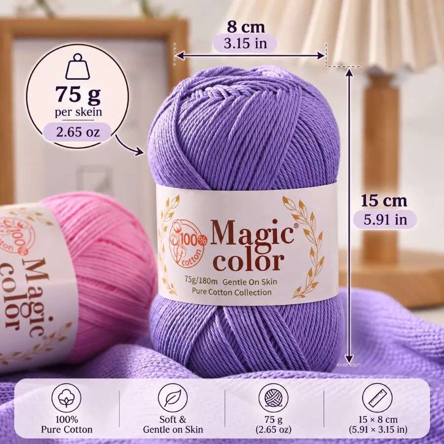 4-Ply 100% Cotton Yarn 3 Balls 225g Total Soft Crochet Knitting Yarn for DIY Baby Clothes Amigurumi Flowers and Crafts