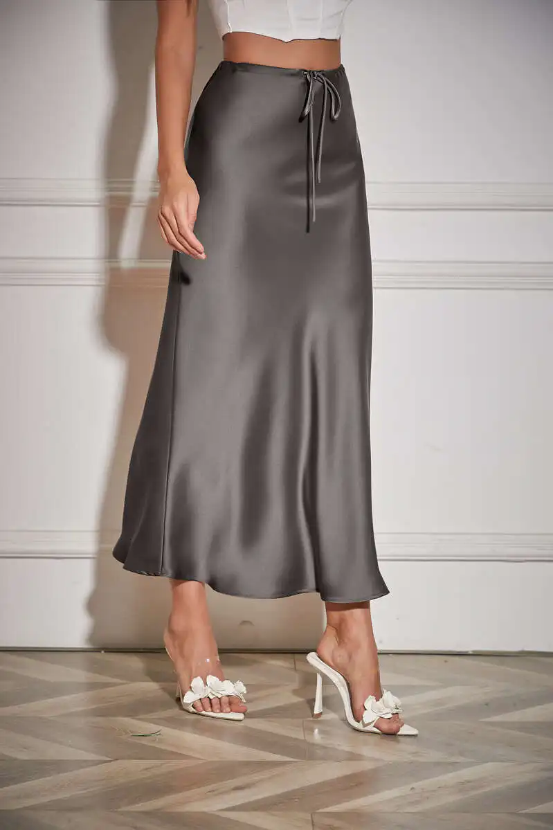 New In 2026 Spring Summer Solid Color Satin Long Skirt For Women High Waist Lace-Up Fashion Elegant Faldas