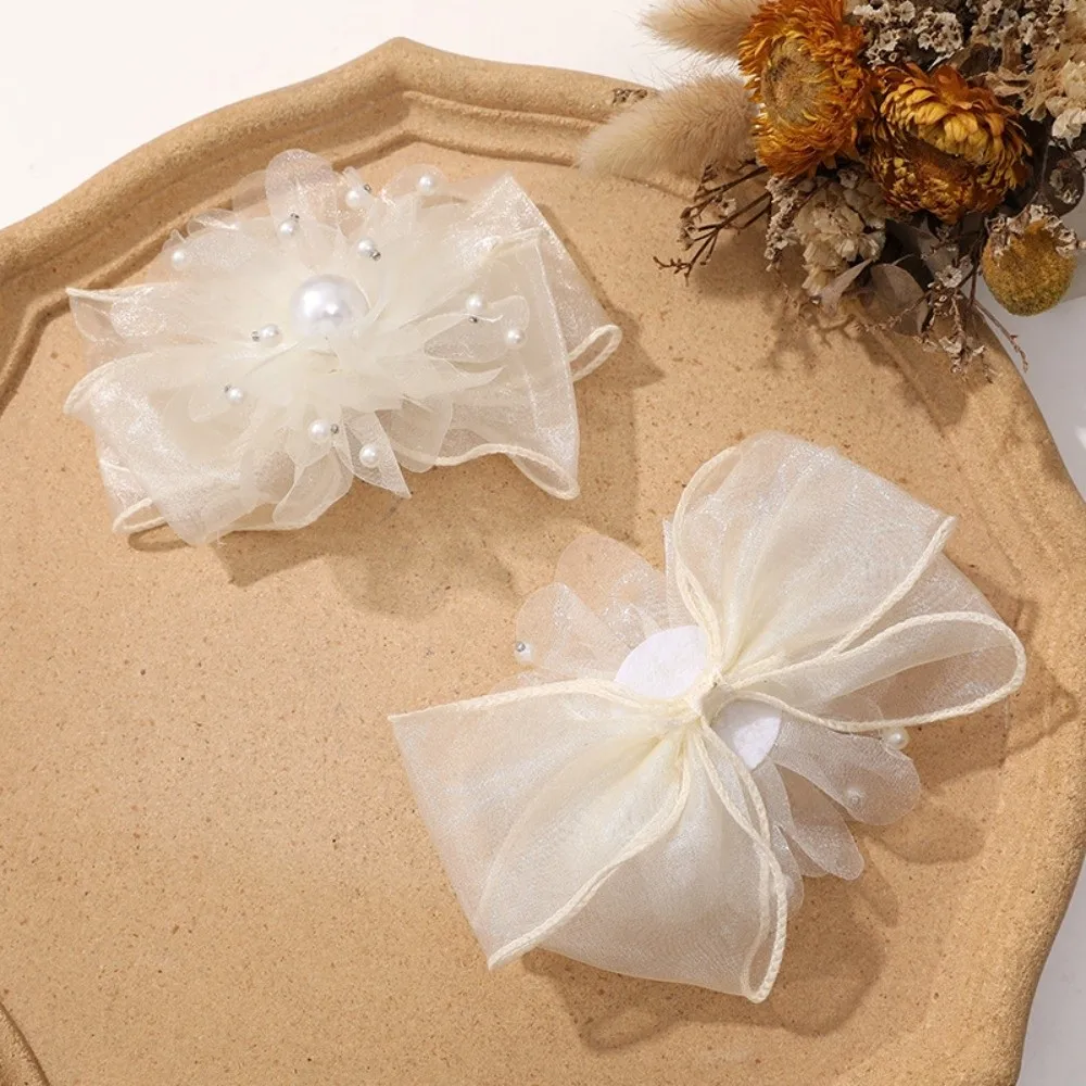 Pearl Embellishment Organza Flower Hair Clip Multi Use Design Delicate Craftsmanship Pearl Feather Hair Accessory Feather Decor