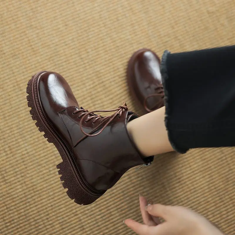 

ASILETO British Women Ankle Boots Round Toe Lace Up Mortorcycle Thick Heels 4cm Lace Up 41 42 43 Leisure Daily Black