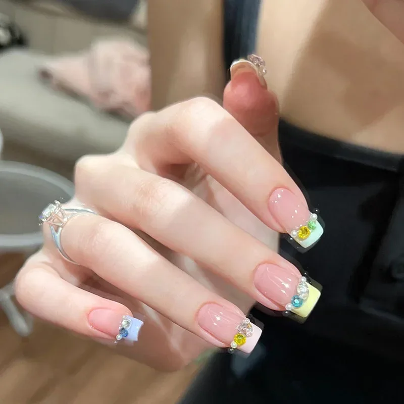 10Pcs French Handmade Press on Nails Colorful Fake Nails with Rhinestone Design Wearable Stick-on Nails Full Cover False Nail