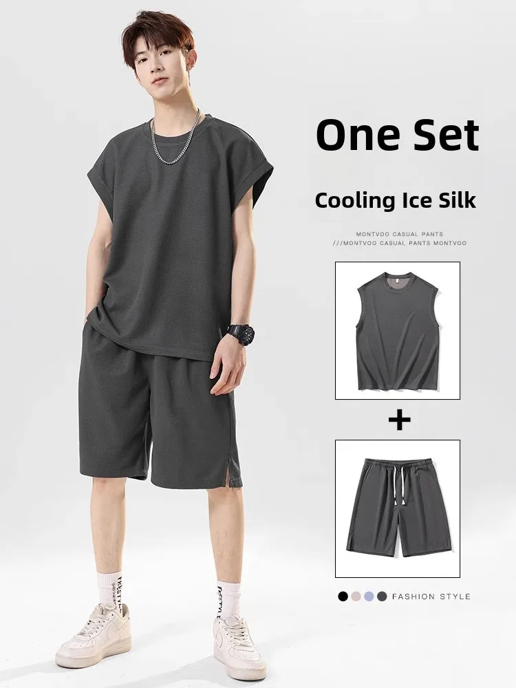 

Summer Ice Silk Qui Dry Baskeall ort Sve Men's T-irt Set Lightweight No-oulder Trendy Sport Vest