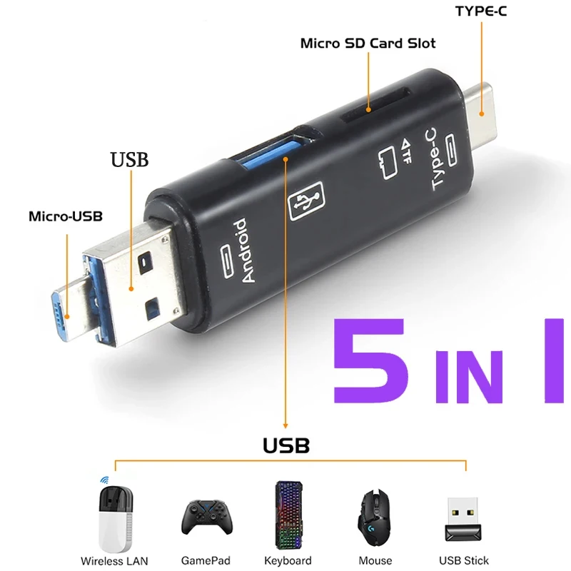 

Type C & Micro USB & USB 5 in 1 USB 3.0 High-speed Universal OTG TF Card Reader for Android Phone Computer Extension Headers